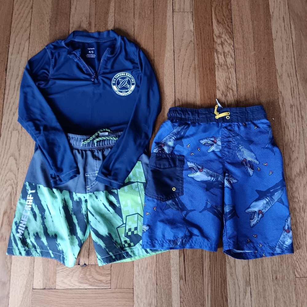Kids Shark And Minecraft Swim Trunks With A Swim Shirt